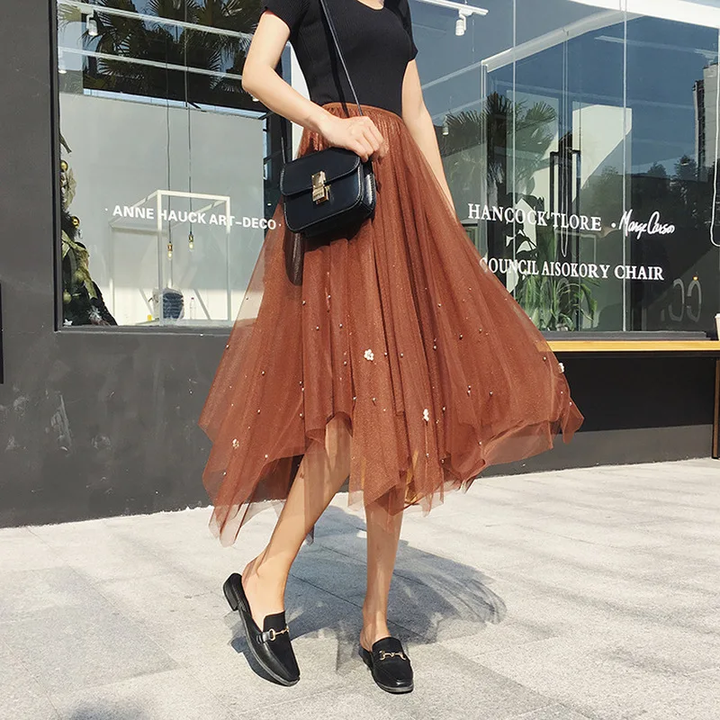 

Women's Tulle Plain Pleated Skirt New Fashion Black Beige Pink Grey Mesh Midi Skirt High Waist Woman Skirts