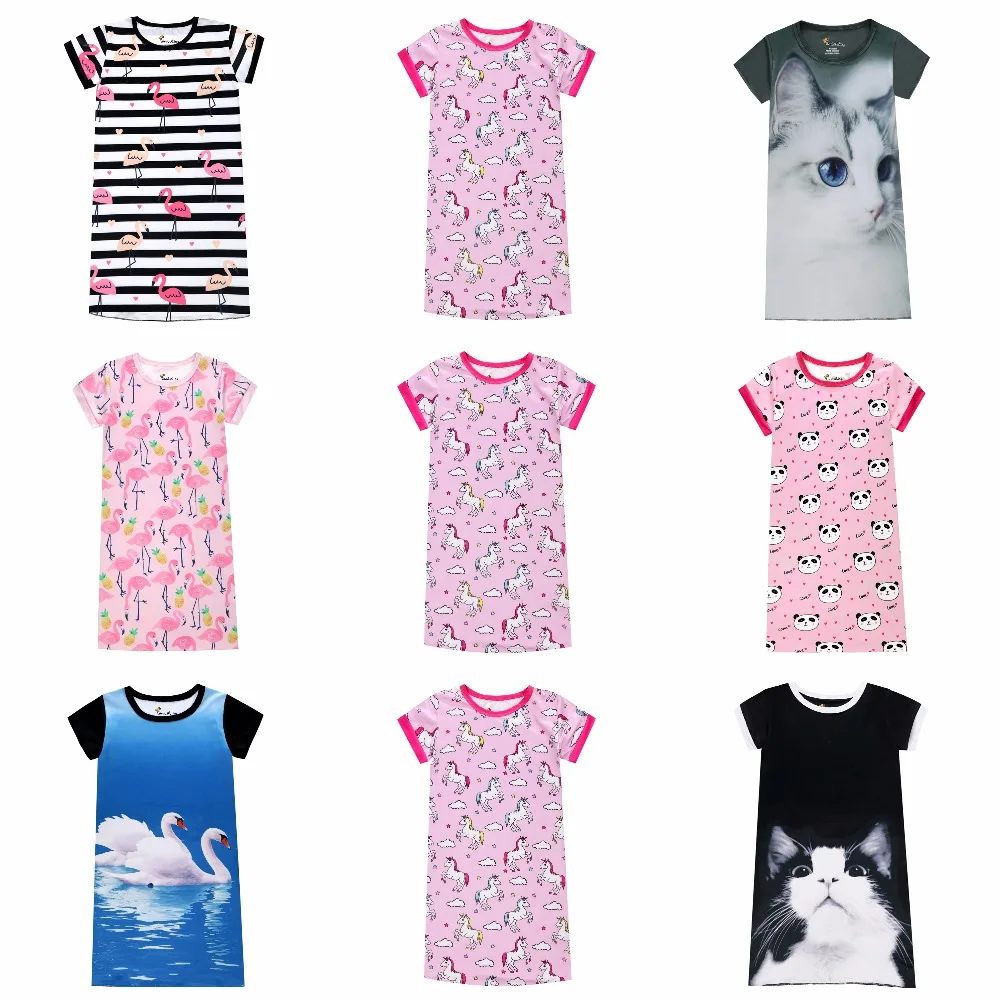 

Girls Nightgowns Kids Nightdress Baby Sleepwear Summer Party Dresses 3D Cat Unicorn Panda Flamingo Swan Printed Dress For Girl