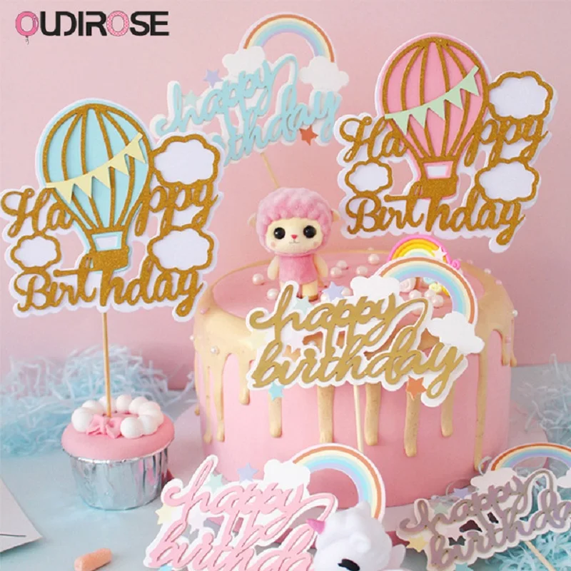 

Pink Hot Air Balloon Rainbow Cake Topper Shiny Happy Birthday Top Sign Decoration Baby Shower Family Party Baking Supplies