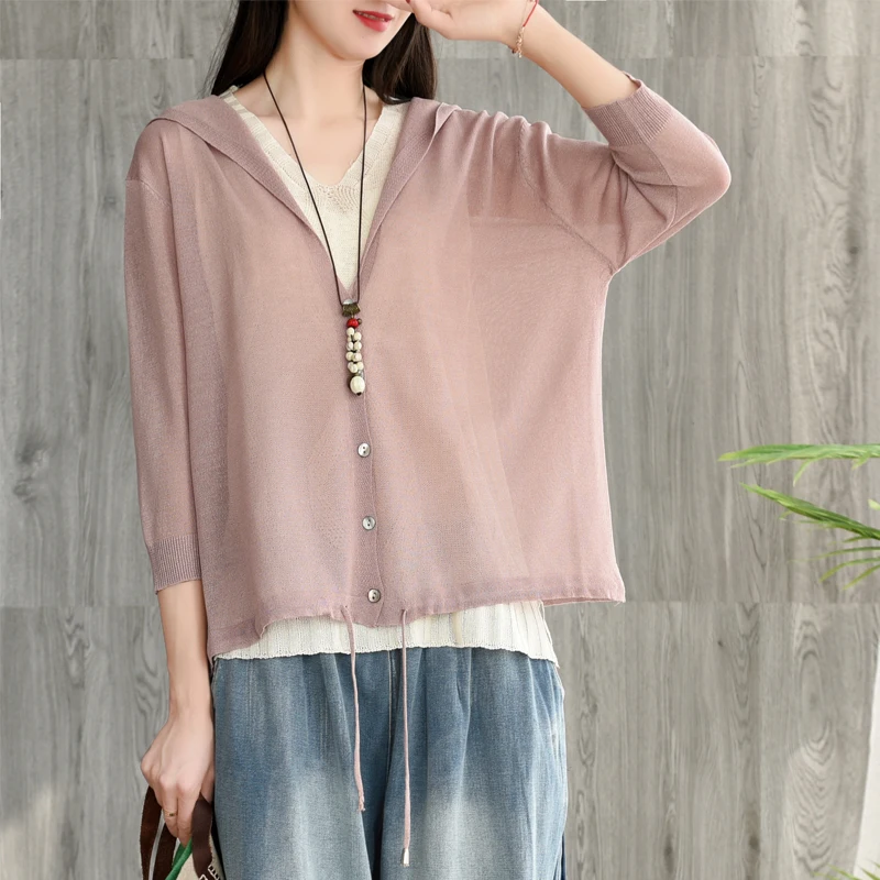 

Summer Blouse Loose Fashion Casual Ladies Shirt Shirt New Sunscreen Tops Hooded Cardigan Button Mori girl Brierf Shirt Coat