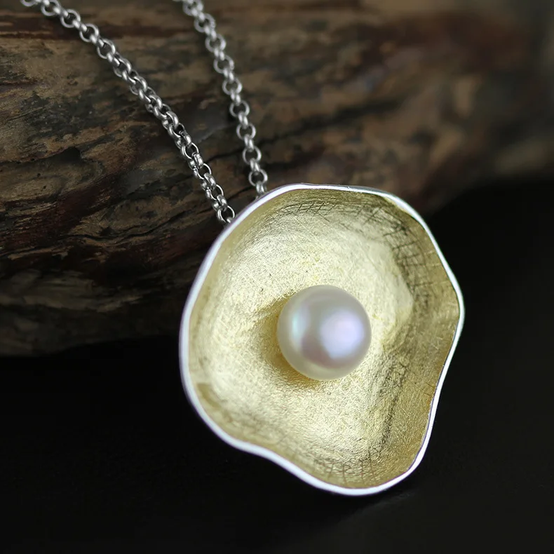 925 sterling silver jewelry wholesale pearl inlaid large pearl pendant two tone color hand made silver jewelry