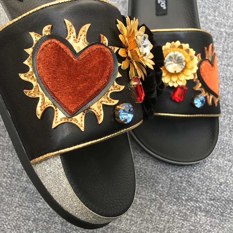 SHADUO женская обувь из натуральной кожи с вышивкой большой цветок Стразы тапочки с плоской подошвой; пляжные повседневные Домашние Тапочки