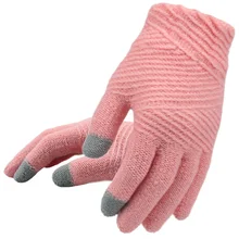Женские вязаные перчатки, женские теплые варежки с сенсорным экраном, модные уличные полосатые вязаные перчатки на весь палец