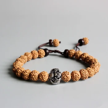 

Tibetan Buddhism Rudraksha Seed OM Mala Beads Vintage Bat Amulet Charm Men's Bracelet Natural Wood Beaded Jewelry Adjustable