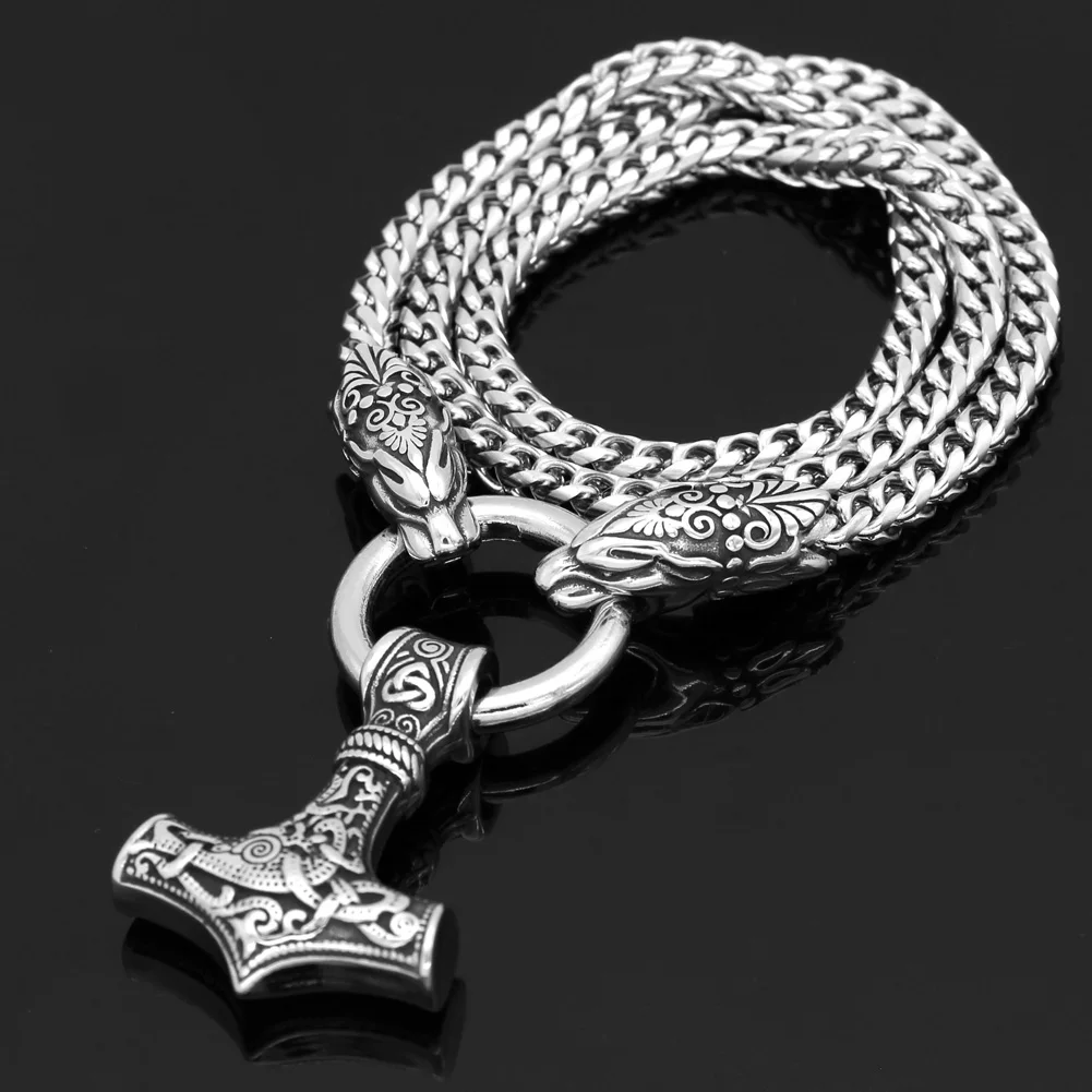 

Men stainless steel viking oidn wolf head with thor hammer MJOLNIR pendant necklace -Dragon Chain