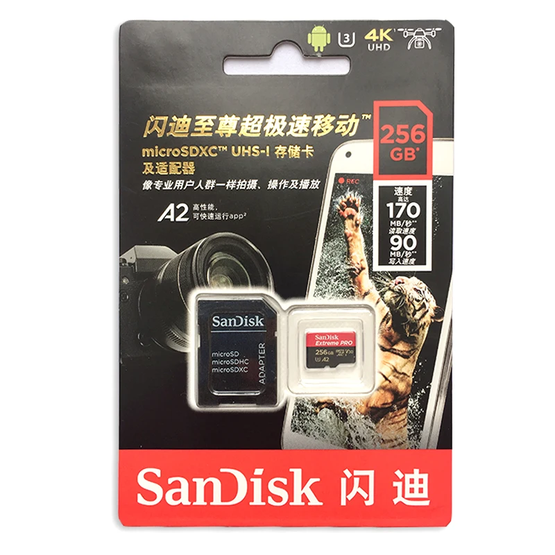 Карта памяти SanDisk 64GB Extreme PRO Flash 256GB tf-карта 128GB MicroSD карта UHS-I U3 C10 V30 A2 4K UHD 170 МБ/с. с адаптером SD