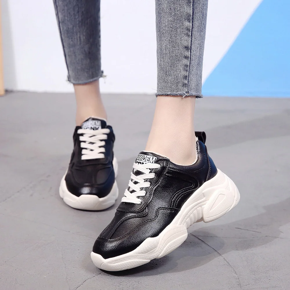 

BALLEI Handmade Woman Casual Sneakers Luxury PU Round Toe Comfortable Thick Heel Shoes Fashion Lace-up Solid Lady Soft Shoes N12