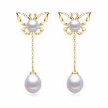 Women Gift word 925 Sterling silver real Sweet butterfly drop shaped hollow natural pearl earrings earrings long tassel of a fou