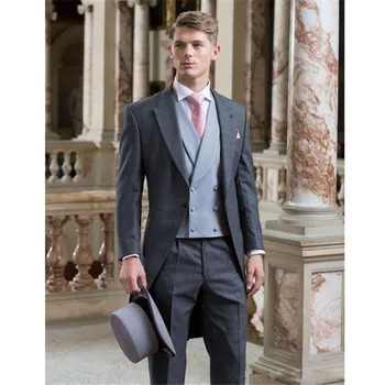 

Elegant gray Tailcoat Groom Tuxedos Wedding Suits For Men grey Custom Made Slim Fit Mens suit Blazer 2017 (jacket+pants+vest)