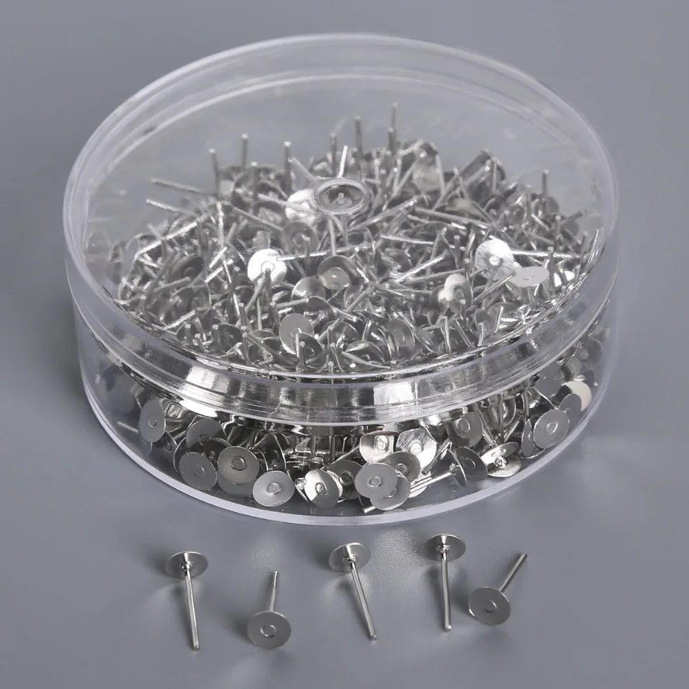 

400 Pieces 5X13mm Iron Blank Post Earring Studs Pins Rhodium Color Flat Round Tray Base for DIY Earring Jewelry Findings