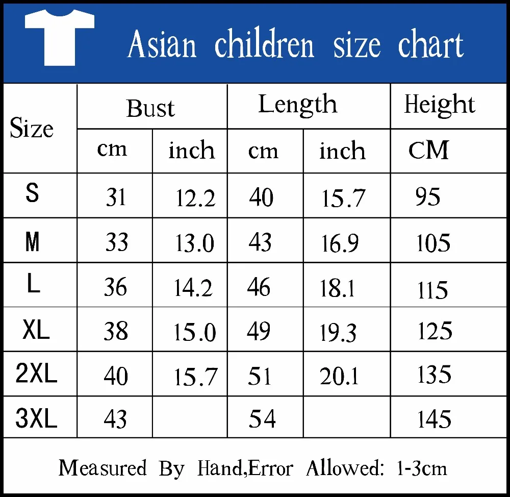 asian adult childen size chart