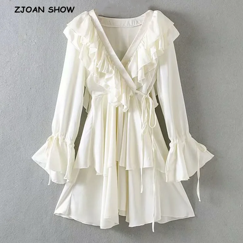

2019 New Retro Stitching Ruffles V neck White Women Spaghetti Strap Dress Lacing up tide bow Waist Mini short Summer Dresses