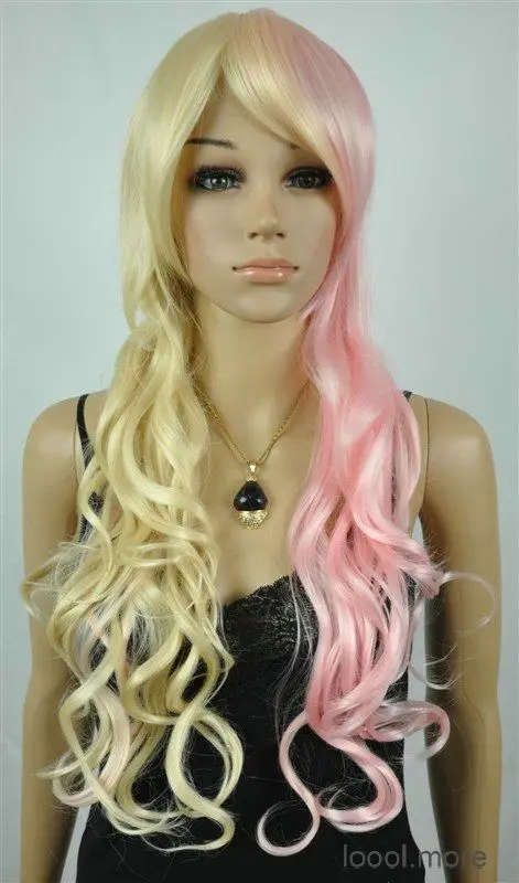

shun New Light Blonde & Light Pink Long Wavy Women Cosplay Wig USPS FastShipping to USA j0420