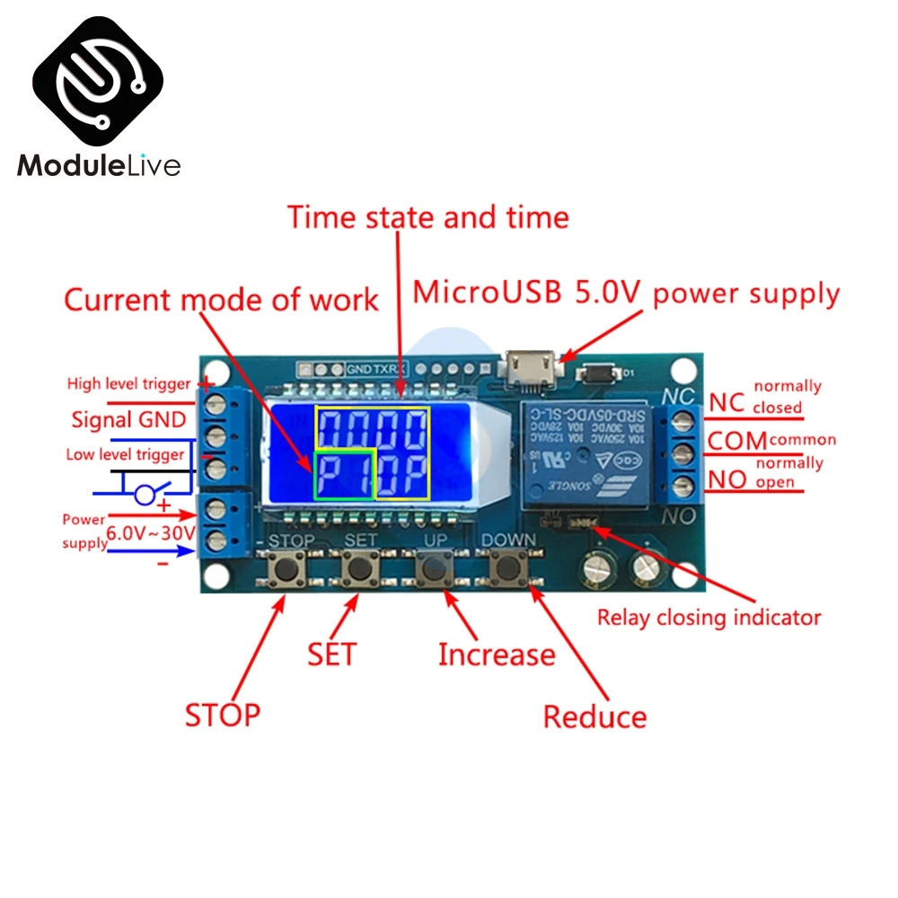 Цифровой ЖК-дисплей Micro USB дисплей реле времени задержки модуль управления Многофункциональный таймер переключатель цикл запуска Модуль платы DC 6-30 в