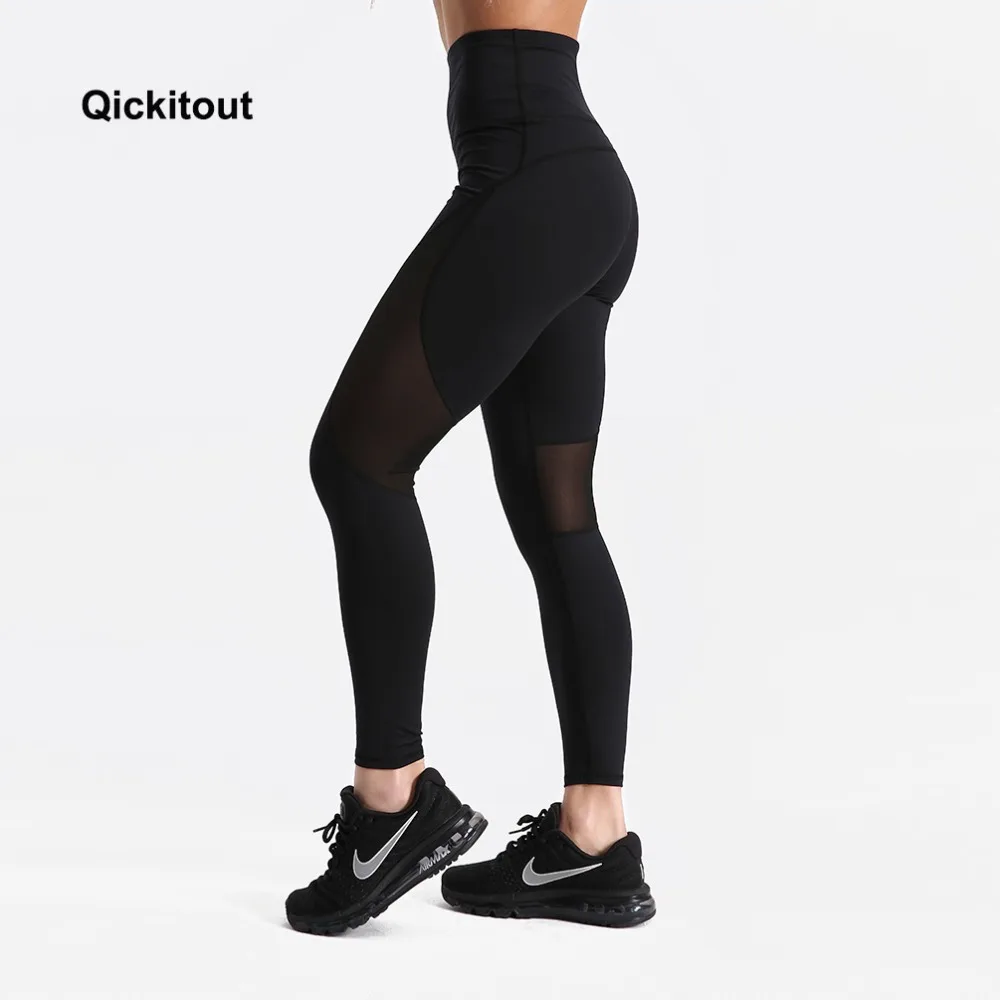 Qickitout леггинсы с высокой талией модные однотонные сетчатые леггинсы с принтом Одежда для фитнеса бодибилдинга однотонные черные брюки