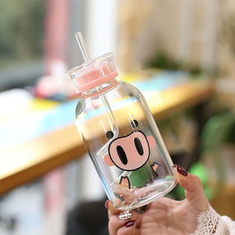 

450ml Cute Cartoon Pig Water Bottle Brief Glass Drinking Bottles Milk Juice Bottle Coffee Tea Double-Covered Cup With Straw