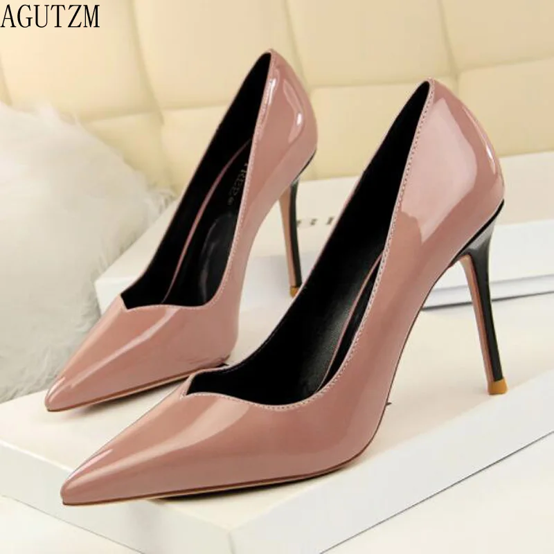 

AGUTZM Sexy Patent Leather High Heels Nude Pointed toe Pumps Shoes Party Shoes Women Stiletto High heel Pump 9cm v526