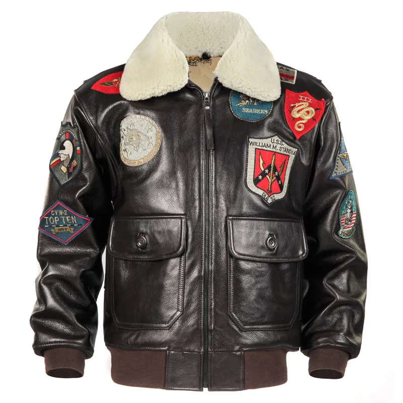 2020 мужские черные Top Gun кожаная куртка пилота размера плюс 3XL шерстяной воротник