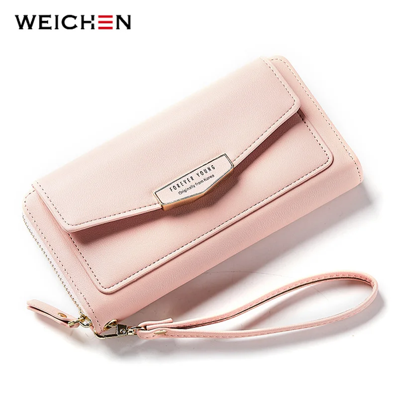 Pink WEICHEN, Большой Вместительный браслет, женские кошельки, кожаный женский клатч, брендовый женский кошелек, для монет и телефона, Карманный держатель для карт - Цвет: Pink
