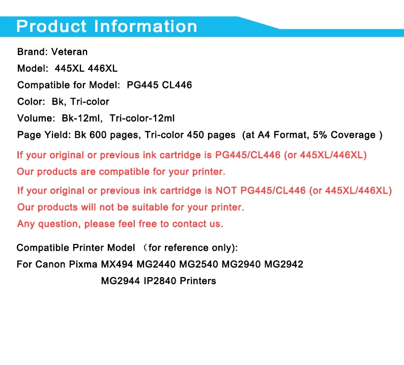 Ветеран PG445 CL446 картридж для Canon PG 445 PG-445 CL-446 чернильный картридж для принтера Canon Pixma MG2540 MX494 MG2440 MG2940 MX492 принтер