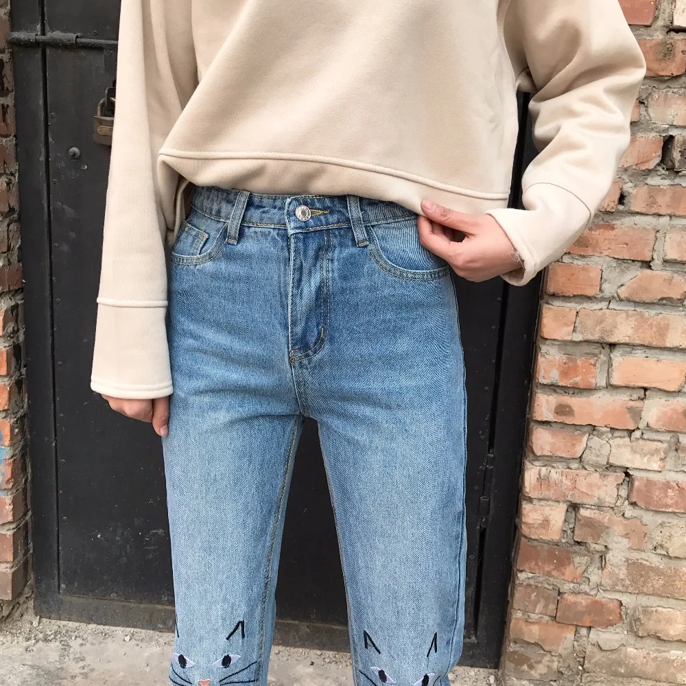 B2368 весна-осень, новая Корейская версия, женские ретро джинсы с высокой талией, свободные и тонкие джинсы с вышивкой в виде кота, дешевые, для студентов