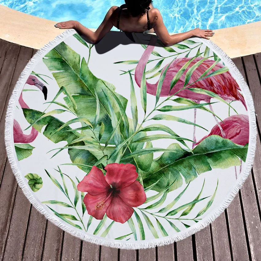 

Flamingo Flowers Soft Summer Round Beach Towel for Adults Kids Bath Shower Towels Yoga Mat Sofa Cover Blanket with Tassels 150cm