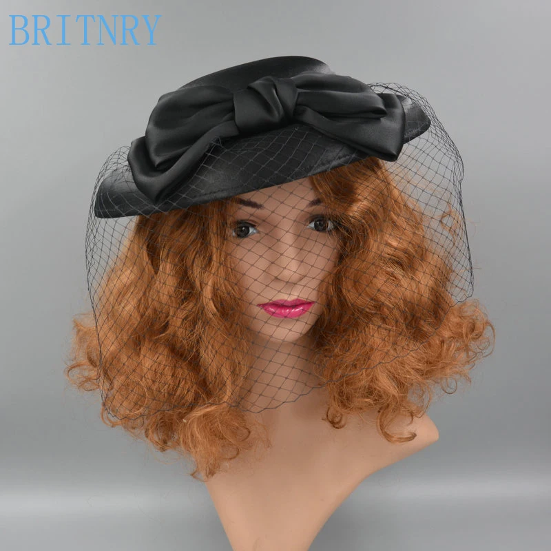 

BRITNRY 2018 New Arrivals Vintage Black Wedding Hat Ribbon with Tulle Fascinators for Women Elegant High Quality Bridal Hat