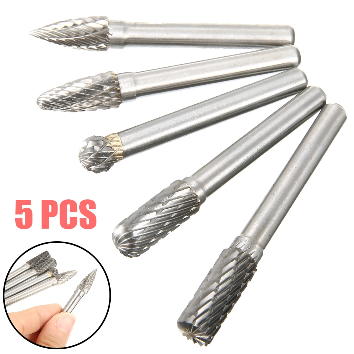 5pcs Carbide Burrs Rotary File Cutting Burs 6mm Shank Bits Tungsten Carbide Double Grain 8mm Rotary Point Burrs Die Grinder