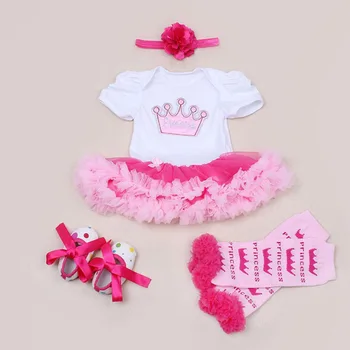 

4PCs per Set Pink Hot Pink Princesse Crown Baby Girls Party Dress Jumpersuit Headband Shoes Leggins for 0-24Months