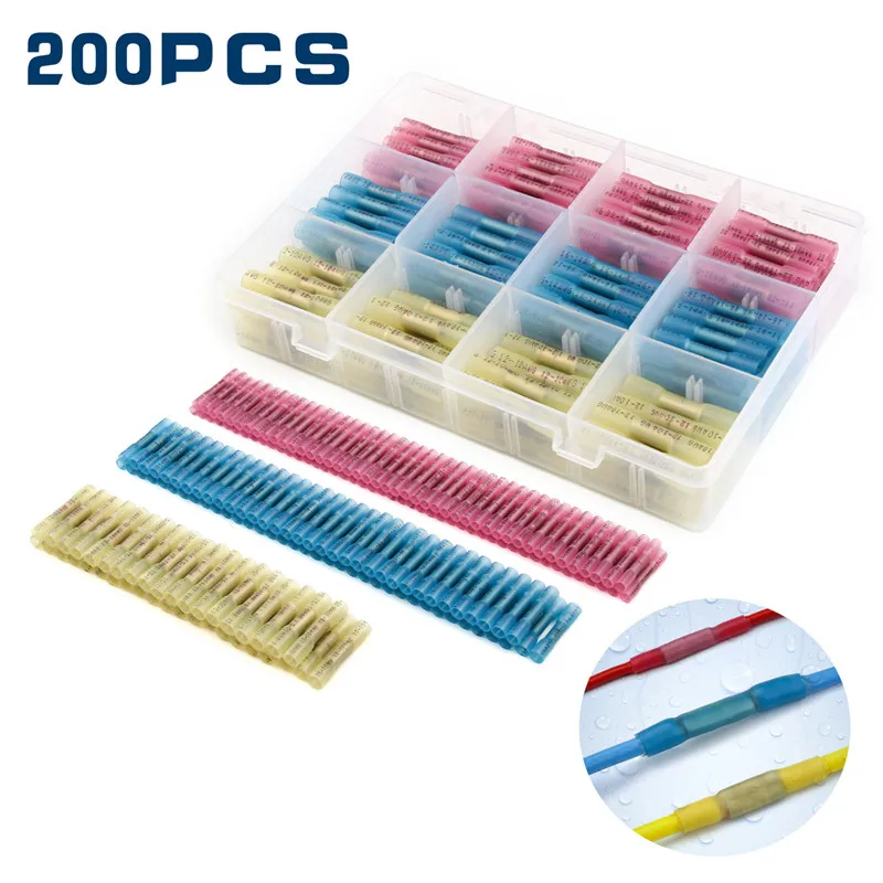 

200Pcs Heat Shrink Butt Connectors Waterproof Electrical Wire Splice Cable Crimping Terminals Connectors AWG 22-10 Kit