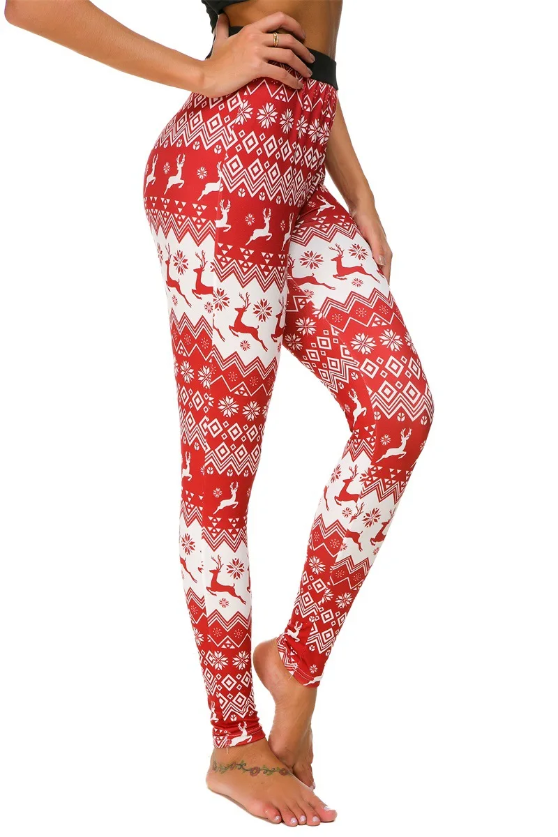 Женские эластичные леггинсы с высокой талией, дышащие рождественские штаны, большие размеры, S-6XL,, леггинсы с рождественским принтом - Цвет: Бежевый