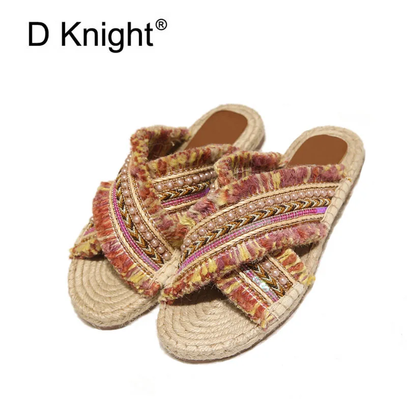 

Sandale Femme ete 2018 Summer Red Shoes Woman Slipper Ethnic Print Canvas Mules Fashion Hemp Slides Preal Sandals Gladiator Flat