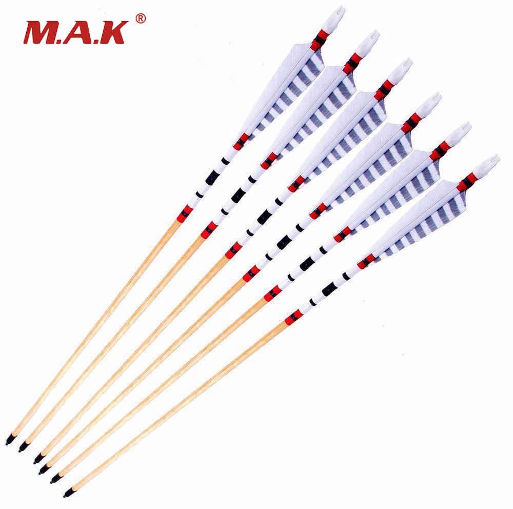 

6/12/24pcs 31.5 Inch Handmade Wooden Hunting Arrow with White Turkey Feather for 20-30lbs bows Archery Shooting Hunting