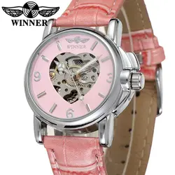 Модный бренд WINNER, розовые милые автоматические женские часы, женское платье, механические часы в форме сердца, наручные часы со скелетом