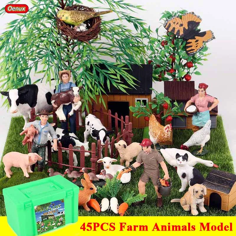 Oenux 45 шт. корова собака курица птица ферма животные фигурки Набор дерево газон ферма сцены модель игрушки с подарочной коробкой детский подарок