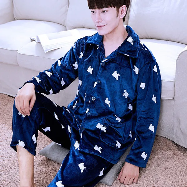 Pajamas Set Men Winter Warm Stripe Sleepwear Print Thick Flannel Pyjama Long Sleeve Pants V-Neck Shirt  Man Home Pjs cotton pjs Pajama Sets