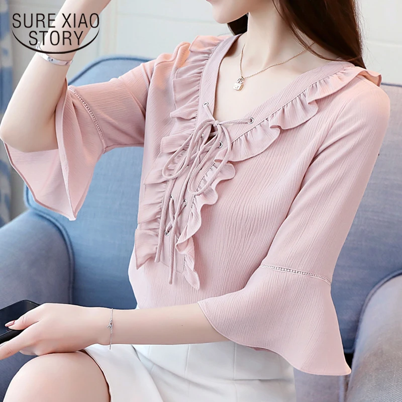 

2018 new fashion women shirts short sleeved blouses solid sweet summer bow chiffon blouses women tops OL casual clothing 0091 30
