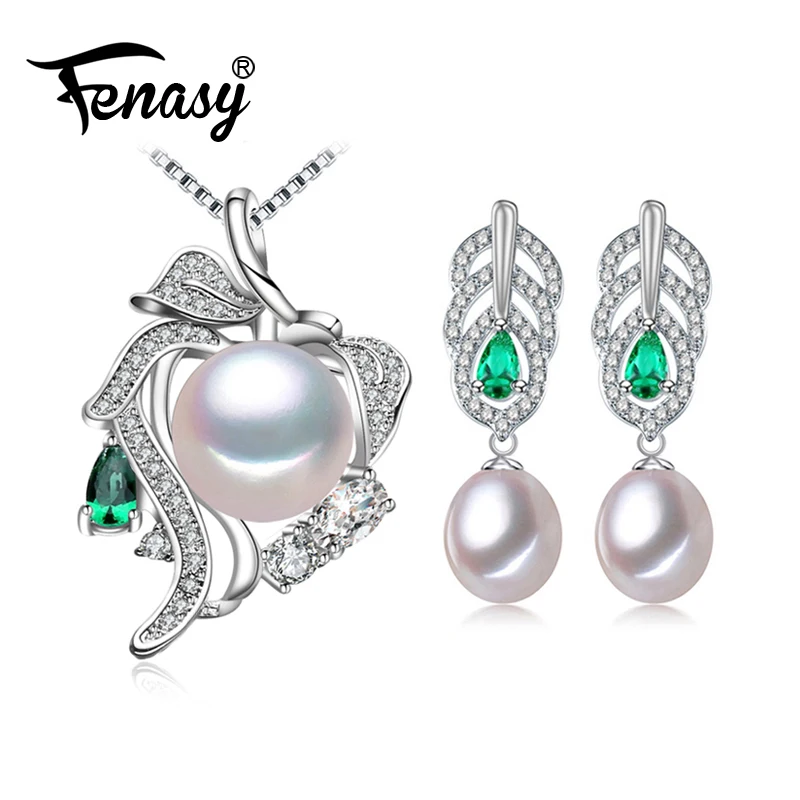 

FENASY Pearl Jewelry Sets,Pearl Pendant Necklace Earrings For Women,Ethnic 925 sterling silver Emerald leaf big earrings set