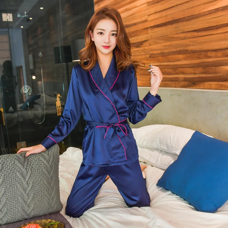 2017 otoño nueva llegada pijama de satén para mujer conjunto de ropa de dormir de manga larga de dos piezas de talla grande con cuello en V pijamas transpirables 4 colores - 2