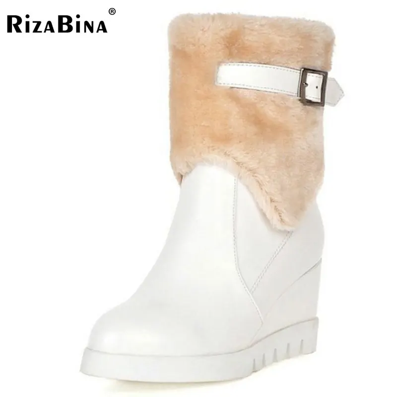 

RizaBina women wedge half short boot platform snow boots thickened fur winter mid calf bota footwear shoes P21719 size 34-39