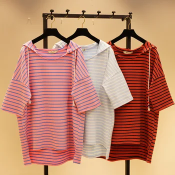 

Large Size Loose Women Pullovers Top Striped Short Sleeve Hooded Hoodies Irregular Medium-long Students Sweatshirts Casual