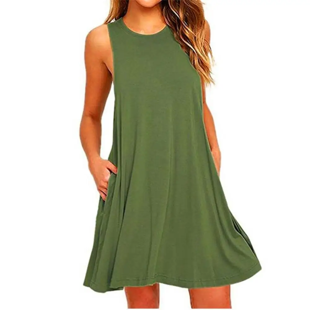 

2019 Summer Fashion Commuter Party Casual Dating Loose S-2XL Sleeveless Round Neck Pocket Solid Color Dress Womenswear