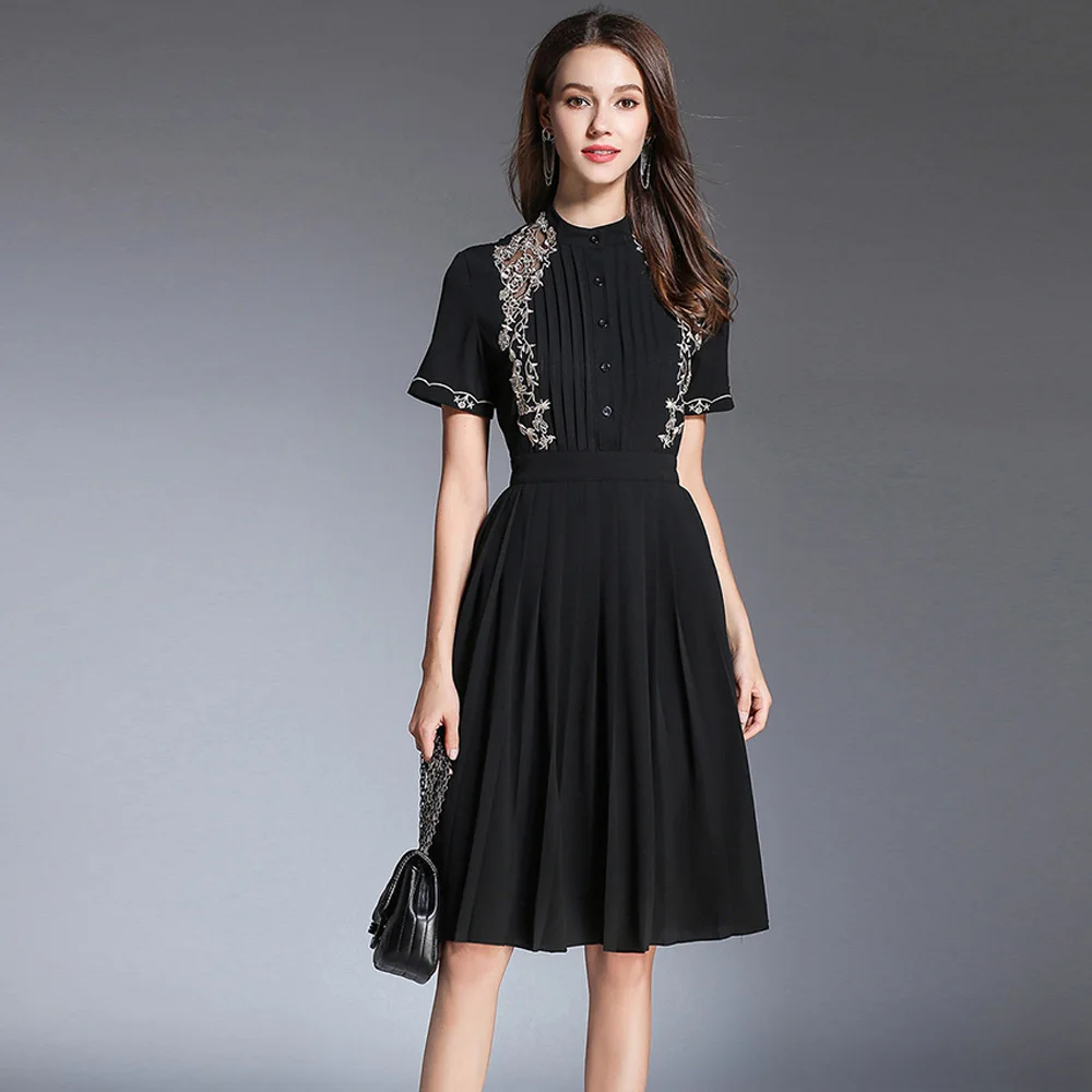 

quality woman summer chiffon pleated dress solid black white mid dress elegant embroidered mid dress