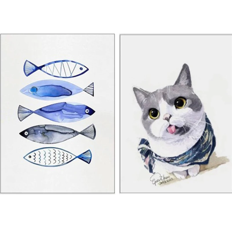 5d Diy Diamond Painting Full Drill Resin Diamond Embroidery Animals Cat & Fish Picture Of Rhinestones Cross Stitch Needlework   