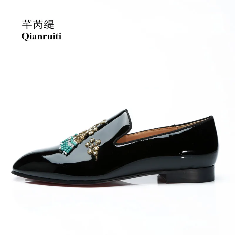 Qianruiti Men's String Beading Shoes Rhinestone Slip-on Loafers Patent Leather EU39-EU46 Customized color Men Casual | Обувь