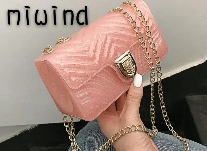 

MIIWND Summer Pink Plaid Jelly Bag Gradient Candy Color Crossbody Bags Designed Ladies Shoulder Chain Messenger Bag
