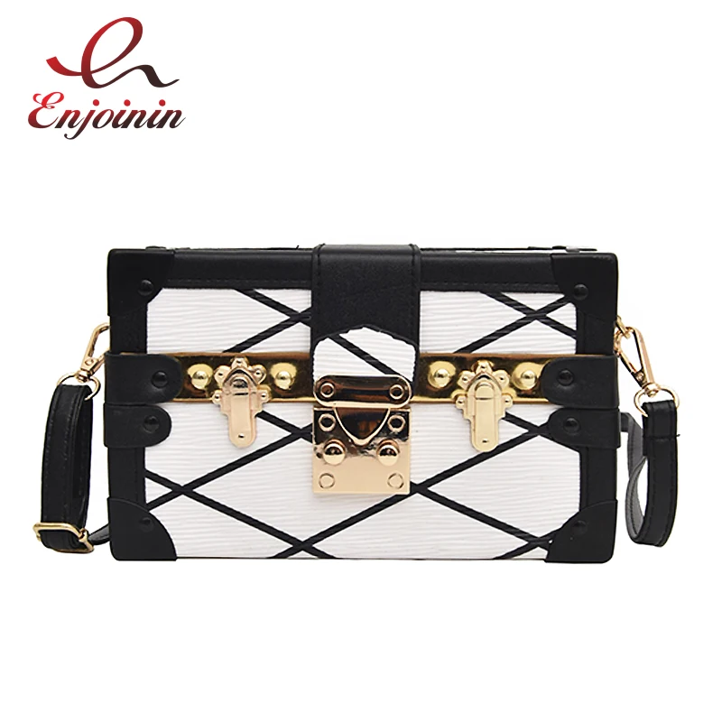 

Geometric Stripe Pu Leather Box Style Metal Buckle Female Casual Clutch Bag Shoulder Bag Tote Crossbody Mini Messenger Bag Flap