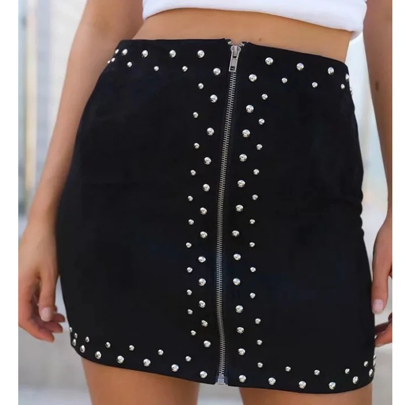 

CHANGYUGE Girl Red Suede Leather Rivet Mini Skirt Women High Waist Sexy Club Zipper Short Bodycon Autumn Winter Mini Skirts
