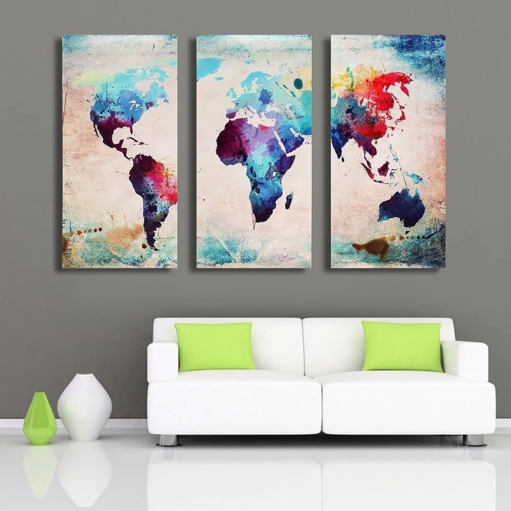 Preise Home Decor HD Gedruckt Wohnzimmer Abstrakte Bilder 3 Stück Farbe Welt Karte Malerei Wand Kunst Leinwand Modulare Poster PENGDA