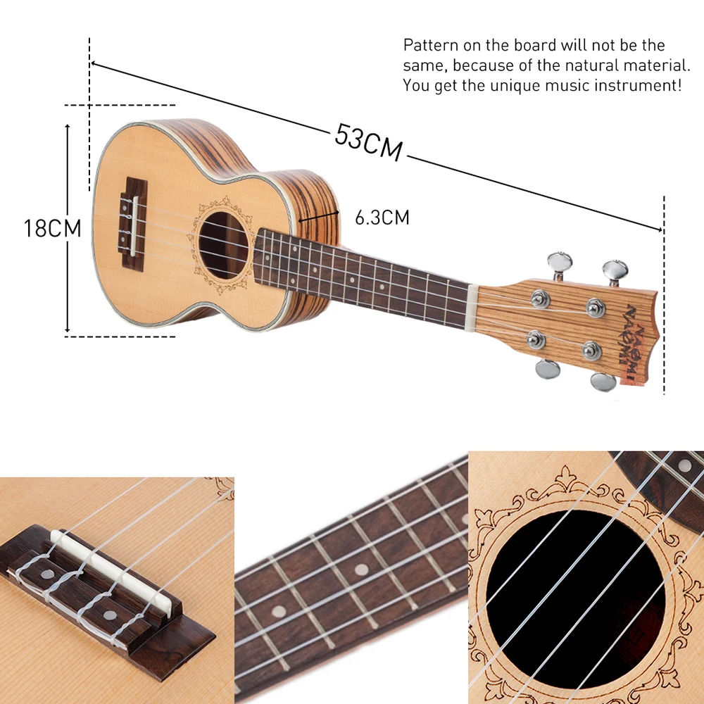 Наоми 21 дюймов укулеле ель Topboard Zebrawood Backboard Rosewood Fretboard Okoume головные уборы Ukeleles для начинающих